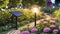 Solar-powered outdoor lighting illuminating a garden pathway, lush garden with
