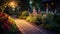 Solar-powered outdoor lighting illuminating a garden pathway, lush garden with flowers and plants. Solar-powered