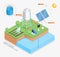 Solar powered water pumping system vector illustrations