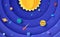 Solar system model in paper cut style. Round layers galaxy space with cartoon planets, red polygonal rocket, comets and