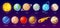 Solar system planet. Cartoon galaxy planets, star, comet, sun, earth, moon, mercury. Universe space astronomy science