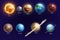 Solar system planet set, vector galaxy space planetary illustration, Sun, Earth, Mars, Mercury, Neptune.