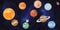 Solar system with planetary orbits: Mercury, Venus, Earth (satellite Moon), Mars, Jupiter, Saturn, Uranus
