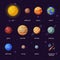 Solar System Planets, Earth, Saturn, Mercury, Venus, Earth, Mars, Jupiter, Saturn, Uranus, Neptune, Pluto, Moon Vector