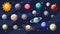 Solar system vector cartoon collection. Planets, moons of Earth, Jupiter and other planet of Solar system, with