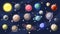 Solar system vector cartoon collection. Planets, moons of Earth, Jupiter and other planet of Solar system, with