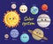 Solar system vector set. Cute planets icons isolated on blue.