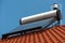 Solar water heater boiler on rooftop close up shot