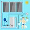 Solar Water Heater system and man in the bathroom taking a shower.