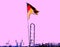 Solarization of the German flag, against a maritime commercial harbour background, pink sky. A homage to German trading, which is