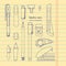 Solated set of hand drawn stationery. Sketch writing items. Doodle office supplies, Pencil, Pen, correction fluid, marker, Cutter.