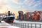 Soldek ship, the Motlawa and Zuraw Port Crane in Gdansk, Poland, winter view