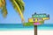 Soldes d`ete meaning summer sale in French written on pastel colored wood direction signs, beach and palm tree background