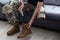 Soldier Artificial Prosthetic leg. War Veteran