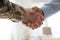 Soldier and businessman shaking hands indoors, closeup