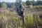 A soldier in a chemical protection suit checks the radioactive territory with a dosimeter against the background of wild vegetatio