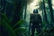 Soldier in forest, man with military equipment in jungle, generative AI