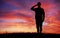 Soldier full body silhouette saluting gesture at sunset copy space