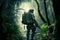 Soldier in green forest, army man with military equipment in jungle, generative AI