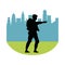 Soldier military standing silhouette with cityscape background