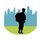 Soldier military standing silhouette with cityscape background