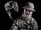Soldier pointing finger down on black background