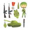 Soldier and professional army weapon, set for label design. Colorful cartoon detailed Illustrations