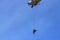 Soldier rescue emergency by army helicopter with rope on blue sky