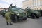 The soldier of the Russian army prepares the Tiger armored car for a military parade in honor of the Victory Day