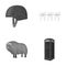 Soldier`s helmet, teeth and other monochrome icon in cartoon style. bull, telephone booth icons in set collection.