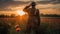 Soldier salutes standing in poppy field during sunset. Remembrance Day created with generative AI technology