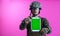 Soldier showing a tablet with a blank green screen