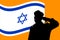 Soldier silhouette salutes the Flag of Israel, Vector. Silhouette of an Israeli soldier in front of the Flag of Israel