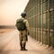 Soldier standing near border fence on duty.