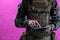 Soldier using tablet computer closeup pixelated