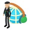 Soldier veteran icon isometric vector. Old man soldier in uniform and globe grid