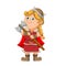 The soldier of the viking girl is holding the axe and wearing viking`s suit