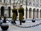 Soldiers at the Budapest Parliament in green winter uniform performing guard service