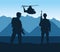 Soldiers and helicopter figures silhouettes in the camp scene