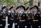 Soldiers of the presidential regiment at the rehearsal of the military parade on red square in Moscow.