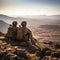 Soldiers seated atop desert cliff, embodying strength and camaraderie