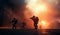 Soldiers silhouettes amid foggy sunset, combat with rifles and machine guns
