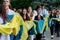 Solemn procession with a 100-meter flag in Uzhgorod. Celebrating the Independence Day of Ukraine