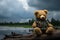 Solemn vintage bear doll, evoking deep solitude in dark tones