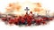 Solemn Watercolor Anzac Day Dawn Service with Poppies and Wreaths AI Generated