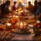 Solemnly set with candle-lit fruits for the Indian festival of light. Diwali, the dipawali Indian festival of light