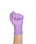 Solid fist or anger gesture in latex surgical gloved sign against white background. Hand in a purple latex glove isolated on white