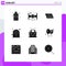 Solid Glyph Pack of 9 Universal Symbols of drum, equipment, tile, electronic, devices