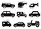 Solid icons set, transportation. Car side view. Helicopter, emergency ambulance. vector illustrations