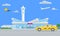 Solid Modern Airport terminal building and yellow taxi. Vector illustration.